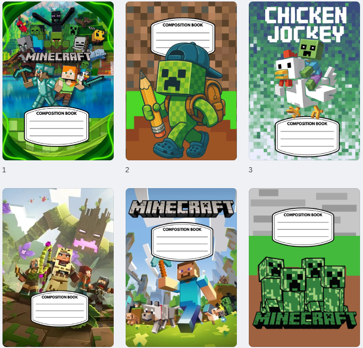 Minecraft-Inspired Composition Notebook Covers – Set of 6 | Digital Download - Canva PRO Editable